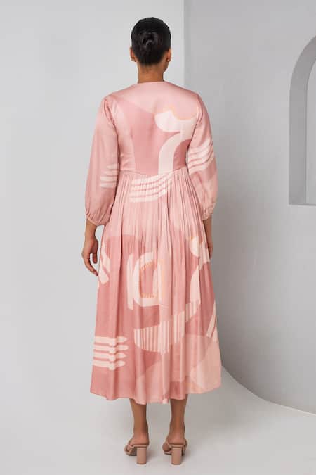 Shop Vedika M Purple Satin V-neck Abstract Print Dress at Aza Fashions Shop_Vedika M_Purple Satin V-neck Abstract Print Dress _at_Aza_Fashions