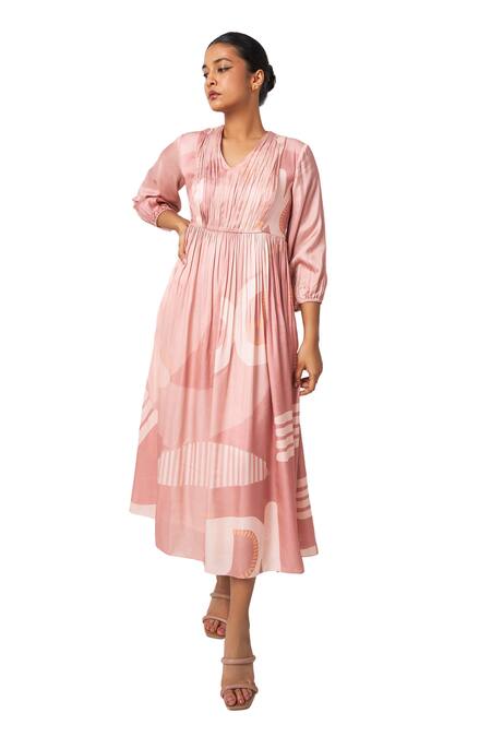 Vedika M Purple Satin V-neck Abstract Print Dress at Aza Fashions Vedika M_Purple Satin V-neck Abstract Print Dress _at_Aza_Fashions