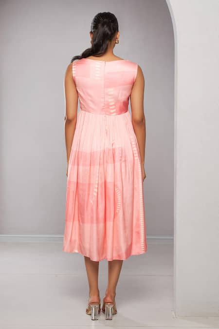 Shop Vedika M Pink Satin V-neck Pleated Abstract Print Dress at Aza Fashions Shop_Vedika M_Pink Satin V-neck Pleated Abstract Print Dress _at_Aza_Fashions