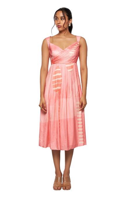Buy Vedika M Pink Satin V-neck Pleated Abstract Print Dress Online at Aza Fashions Buy_Vedika M_Pink Satin V-neck Pleated Abstract Print Dress _Online_at_Aza_Fashions