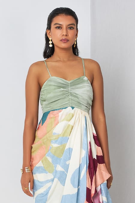 Vedika M_Multi Color Satin Sweetheart Neck Abstract Print Draped Dress_Online_at_Aza_Fashions