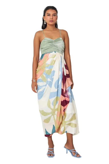 Buy_Vedika M_Multi Color Satin Sweetheart Neck Abstract Print Draped Dress_Online_at_Aza_Fashions