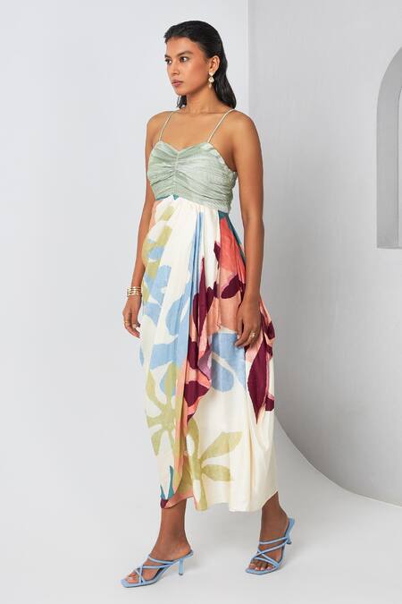 Shop_Vedika M_Multi Color Satin Sweetheart Neck Abstract Print Draped Dress_Online_at_Aza_Fashions