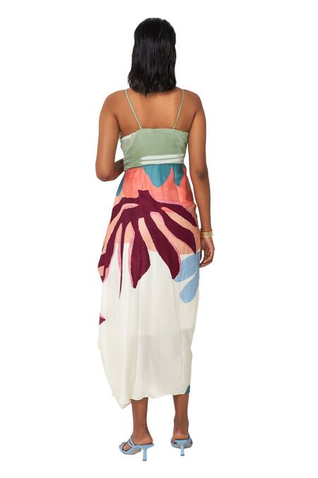 Vedika M_Multi Color Satin Sweetheart Neck Abstract Print Draped Dress_at_Aza_Fashions