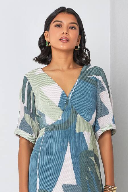 Buy_Vedika M_Green Chiffon, Satin V-neck Printed Textured Dress_Online_at_Aza_Fashions