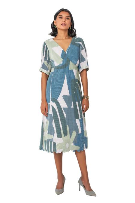 Shop_Vedika M_Green Chiffon, Satin V-neck Printed Textured Dress_Online_at_Aza_Fashions