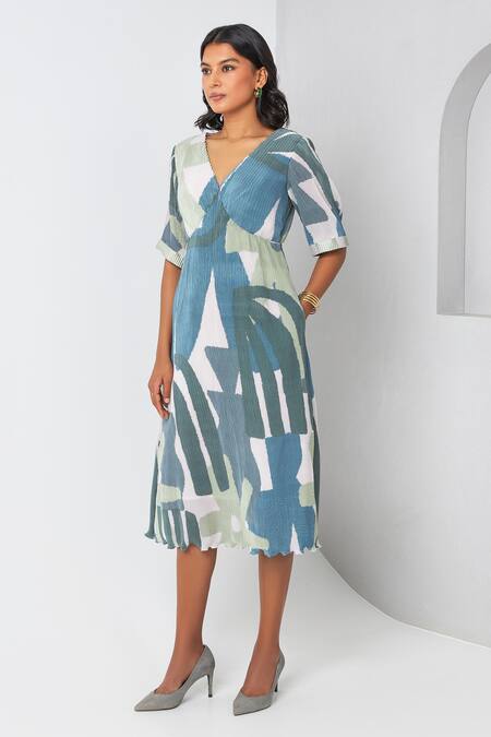 Vedika M_Green Chiffon, Satin V-neck Printed Textured Dress_at_Aza_Fashions