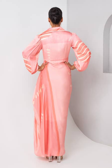 Shop_Vedika M_Pink Satin Shawl Neck Draped Printed Dress _at_Aza_Fashions