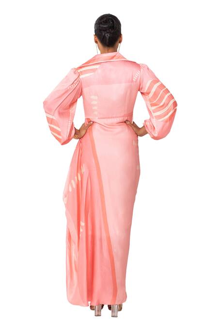 Vedika M_Pink Satin Shawl Neck Draped Printed Dress _Online_at_Aza_Fashions