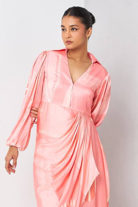 Buy_Vedika M_Pink Satin Shawl Neck Draped Printed Dress _Online_at_Aza_Fashions
