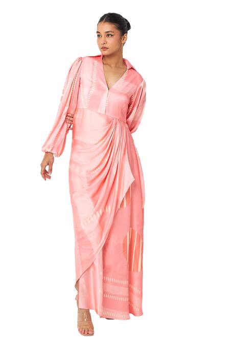 Shop_Vedika M_Pink Satin Shawl Neck Draped Printed Dress _Online_at_Aza_Fashions