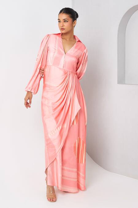 Vedika M_Pink Satin Shawl Neck Draped Printed Dress _at_Aza_Fashions