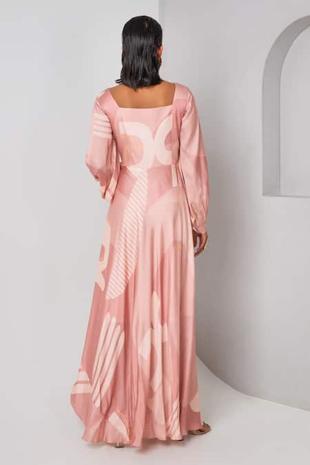 Shop Vedika M Purple Satin Square Neck Printed Asymmetric Dress at Aza Fashions Shop_Vedika M_Purple Satin Square Neck Printed Asymmetric Dress _at_Aza_Fashions