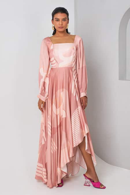 Vedika M Purple Satin Square Neck Printed Asymmetric Dress Online at Aza Fashions Vedika M_Purple Satin Square Neck Printed Asymmetric Dress _Online_at_Aza_Fashions