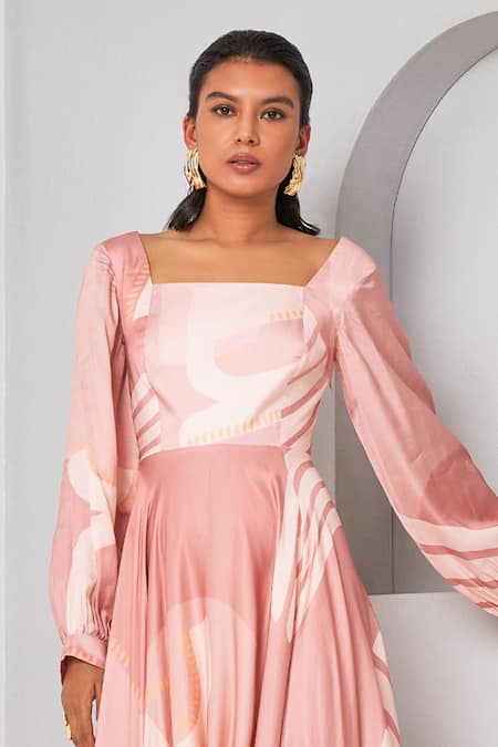 Buy Vedika M Purple Satin Square Neck Printed Asymmetric Dress Online at Aza Fashions Buy_Vedika M_Purple Satin Square Neck Printed Asymmetric Dress _Online_at_Aza_Fashions