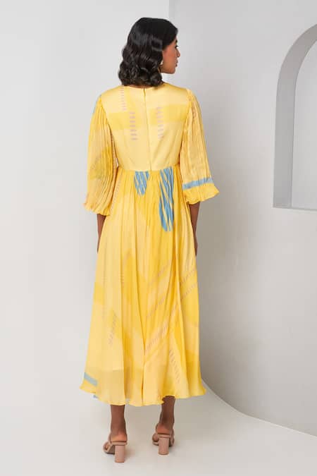 Shop Vedika M Yellow Viscose, Organza V-neck Abstract Print Textured Dress at Aza Fashions Shop_Vedika M_Yellow Viscose, Organza V-neck Abstract Print Textured Dress _at_Aza_Fashions