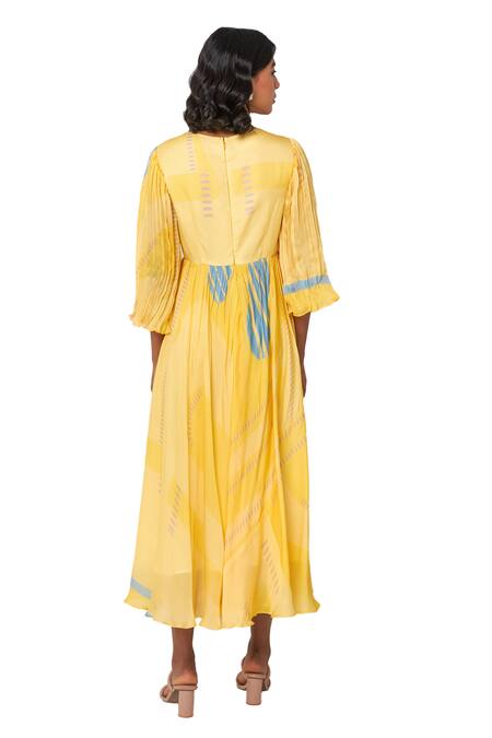 Vedika M Yellow Viscose, Organza V-neck Abstract Print Textured Dress Online at Aza Fashions Vedika M_Yellow Viscose, Organza V-neck Abstract Print Textured Dress _Online_at_Aza_Fashions
