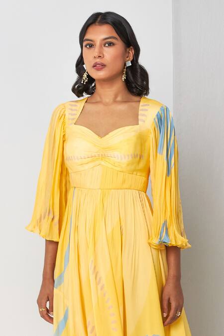 Buy Vedika M Yellow Viscose, Organza V-neck Abstract Print Textured Dress Online at Aza Fashions Buy_Vedika M_Yellow Viscose, Organza V-neck Abstract Print Textured Dress _Online_at_Aza_Fashions