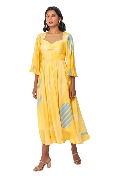 Shop Vedika M Yellow Viscose, Organza V-neck Abstract Print Textured Dress Online at Aza Fashions Shop_Vedika M_Yellow Viscose, Organza V-neck Abstract Print Textured Dress _Online_at_Aza_Fashions