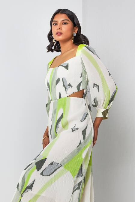 Shop_Vedika M_Green Satin, Chiffon Round Neck Printed Cut-out Dress_Online_at_Aza_Fashions