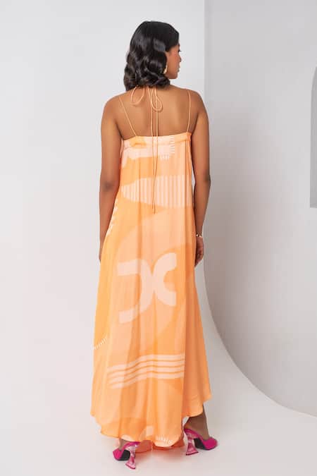 Shop Vedika M Orange Satin Halter Neck Abstract Print Asymmetric Dress at Aza Fashions Shop_Vedika M_Orange Satin Halter Neck Abstract Print Asymmetric Dress _at_Aza_Fashions