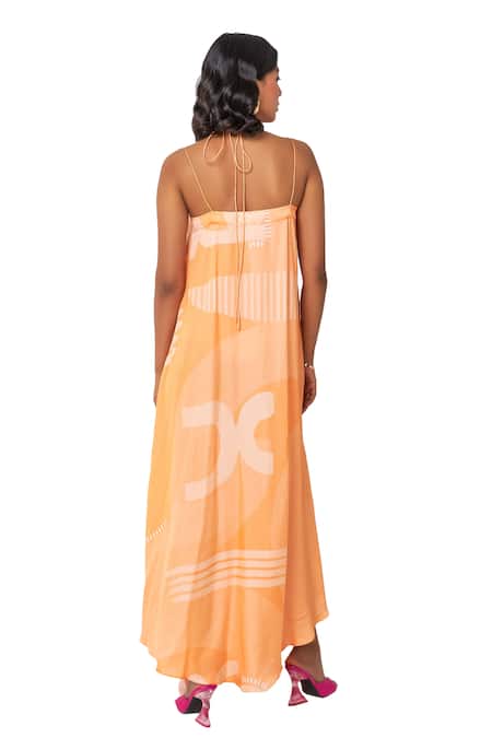 Vedika M Orange Satin Halter Neck Abstract Print Asymmetric Dress Online at Aza Fashions Vedika M_Orange Satin Halter Neck Abstract Print Asymmetric Dress _Online_at_Aza_Fashions