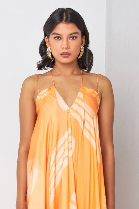 Buy Vedika M Orange Satin Halter Neck Abstract Print Asymmetric Dress Online at Aza Fashions Buy_Vedika M_Orange Satin Halter Neck Abstract Print Asymmetric Dress _Online_at_Aza_Fashions