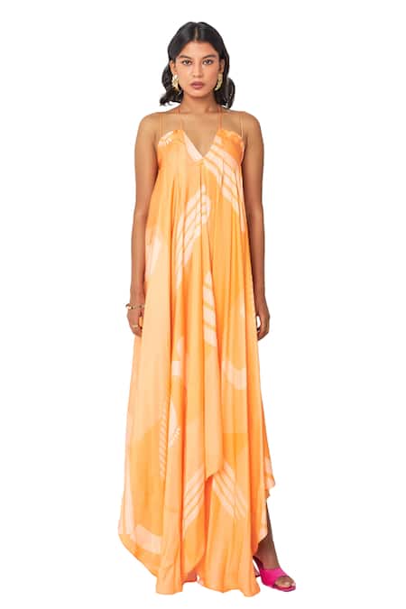 Shop Vedika M Orange Satin Halter Neck Abstract Print Asymmetric Dress Online at Aza Fashions Shop_Vedika M_Orange Satin Halter Neck Abstract Print Asymmetric Dress _Online_at_Aza_Fashions