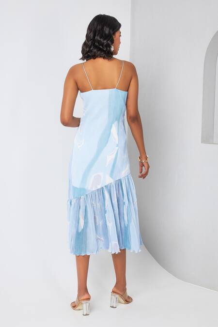 Shop Vedika M Blue Satin, Chiffon V-neck Textured Printed Dress at Aza Fashions Shop_Vedika M_Blue Satin, Chiffon V-neck Textured Printed Dress_at_Aza_Fashions