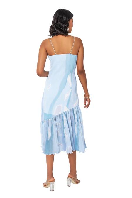 Vedika M Blue Satin, Chiffon V-neck Textured Printed Dress Online at Aza Fashions Vedika M_Blue Satin, Chiffon V-neck Textured Printed Dress_Online_at_Aza_Fashions