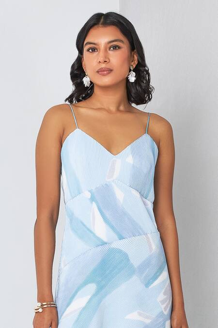 Buy Vedika M Blue Satin, Chiffon V-neck Textured Printed Dress Online at Aza Fashions Buy_Vedika M_Blue Satin, Chiffon V-neck Textured Printed Dress_Online_at_Aza_Fashions