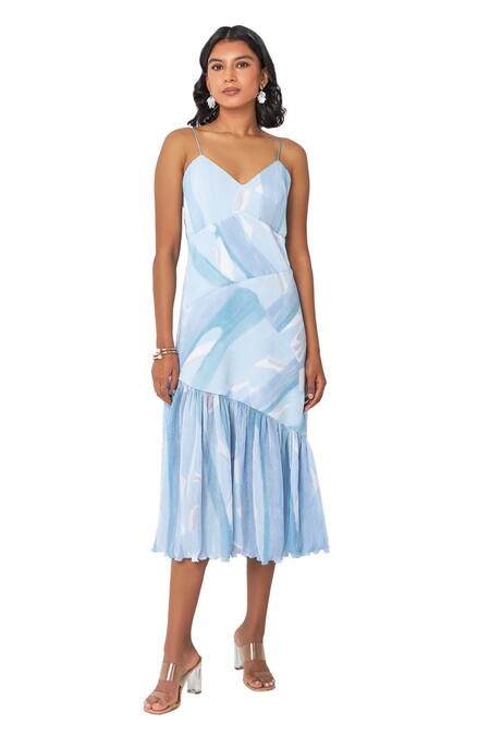 Shop Vedika M Blue Satin, Chiffon V-neck Textured Printed Dress Online at Aza Fashions Shop_Vedika M_Blue Satin, Chiffon V-neck Textured Printed Dress_Online_at_Aza_Fashions