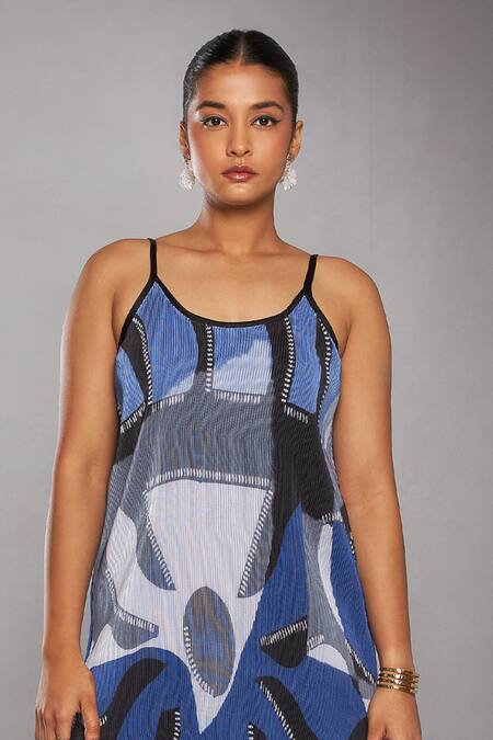 Buy_Vedika M_Blue Satin, Chiffon Round Neck Flower Print Textured Dress_Online_at_Aza_Fashions