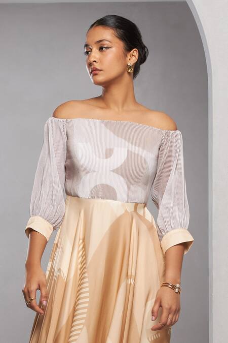 Buy_Vedika M_Beige Satin Off-shoulder Abstract Print Off Dress_Online_at_Aza_Fashions