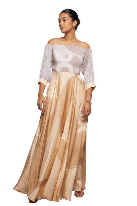 Shop_Vedika M_Beige Satin Off-shoulder Abstract Print Off Dress_Online_at_Aza_Fashions