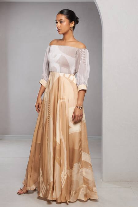 Vedika M_Beige Satin Off-shoulder Abstract Print Off Dress_at_Aza_Fashions