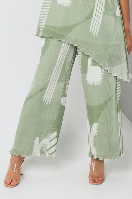 Buy_Vedika M_Green Satin, Chiffon Round Neck Abstract Print Asymmetric Kurta And Pant Set_Online_at_Aza_Fashions