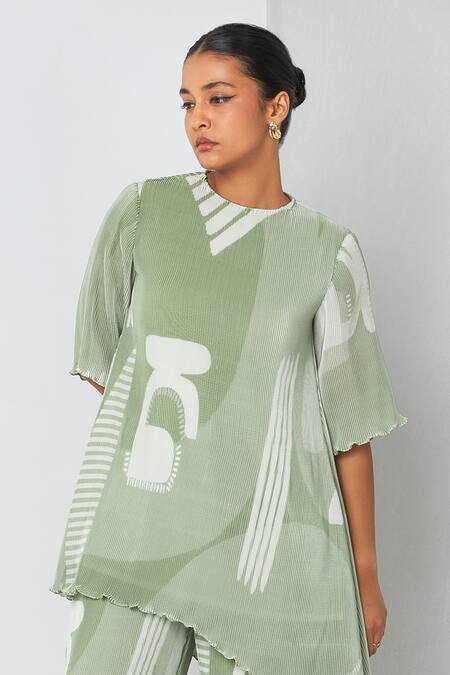 Shop_Vedika M_Green Satin, Chiffon Round Neck Abstract Print Asymmetric Kurta And Pant Set_Online_at_Aza_Fashions