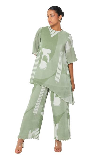 Vedika M_Green Satin, Chiffon Round Neck Abstract Print Asymmetric Kurta And Pant Set_at_Aza_Fashions