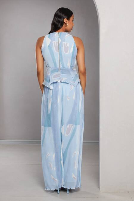 Shop Vedika M Blue Satin, Chiffon Round Neck Abstract Print Peplum Top And Pant Set at Aza Fashions Shop_Vedika M_Blue Satin, Chiffon Round Neck Abstract Print Peplum Top And Pant Set_at_Aza_Fashions