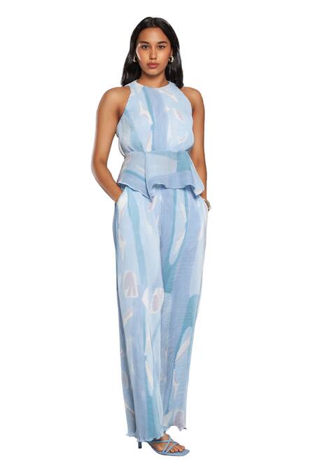 Buy Vedika M Blue Satin, Chiffon Round Neck Abstract Print Peplum Top And Pant Set Online at Aza Fashions Buy_Vedika M_Blue Satin, Chiffon Round Neck Abstract Print Peplum Top And Pant Set_Online_at_Aza_Fashions