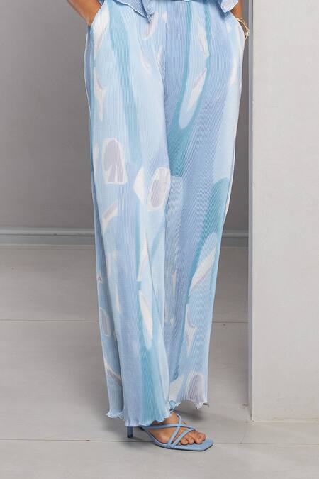Shop Vedika M Blue Satin, Chiffon Round Neck Abstract Print Peplum Top And Pant Set Online at Aza Fashions Shop_Vedika M_Blue Satin, Chiffon Round Neck Abstract Print Peplum Top And Pant Set_Online_at_Aza_Fashions
