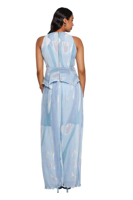 Vedika M Blue Satin, Chiffon Round Neck Abstract Print Peplum Top And Pant Set at Aza Fashions Vedika M_Blue Satin, Chiffon Round Neck Abstract Print Peplum Top And Pant Set_at_Aza_Fashions