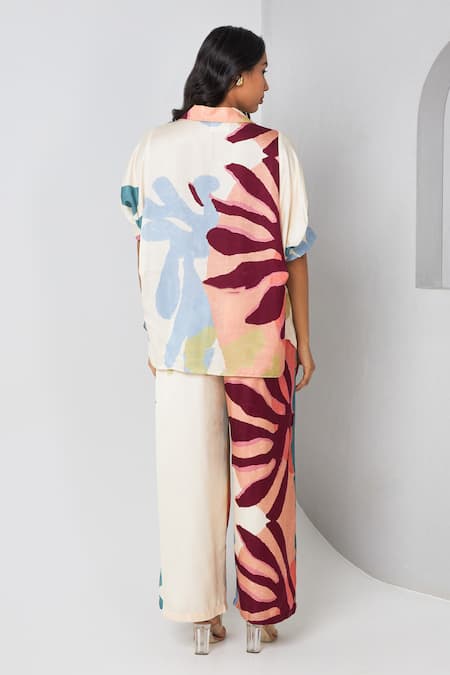 Shop Vedika M Multi Color Satin Collared Floral Abstract Print Top And Straight Pant Set at Aza Fashions Shop_Vedika M_Multi Color Satin Collared Floral Abstract Print Top And Straight Pant Set _at_Aza_Fashions