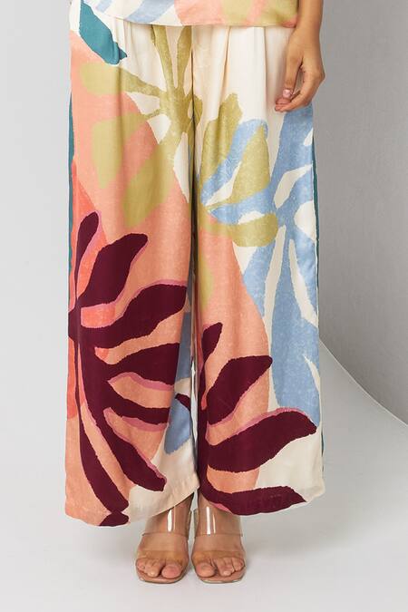 Buy Vedika M Multi Color Satin Collared Floral Abstract Print Top And Straight Pant Set Online at Aza Fashions Buy_Vedika M_Multi Color Satin Collared Floral Abstract Print Top And Straight Pant Set _Online_at_Aza_Fashions