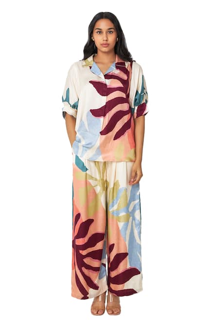 Shop Vedika M Multi Color Satin Collared Floral Abstract Print Top And Straight Pant Set Online at Aza Fashions Shop_Vedika M_Multi Color Satin Collared Floral Abstract Print Top And Straight Pant Set _Online_at_Aza_Fashions