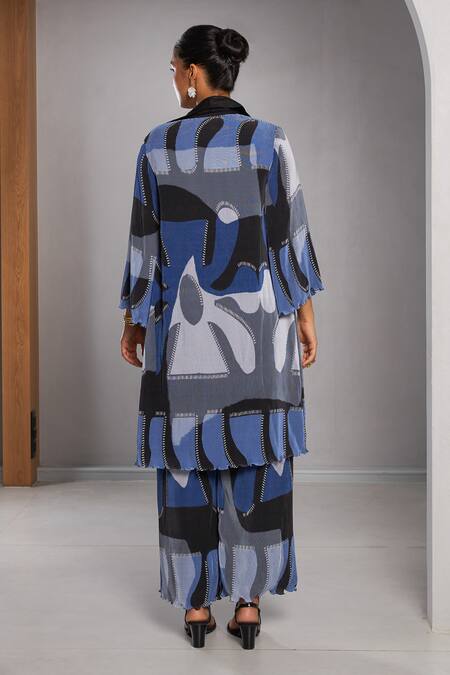 Shop Vedika M Blue Satin, Chiffon Collared Abstract Print Jacket Pant Set at Aza Fashions Shop_Vedika M_Blue Satin, Chiffon Collared Abstract Print Jacket Pant Set_at_Aza_Fashions