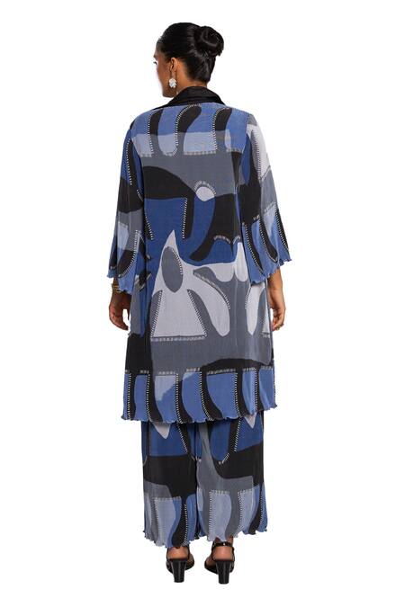 Vedika M Blue Satin, Chiffon Collared Abstract Print Jacket Pant Set Online at Aza Fashions Vedika M_Blue Satin, Chiffon Collared Abstract Print Jacket Pant Set_Online_at_Aza_Fashions