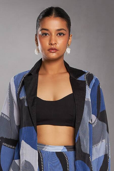 Buy Vedika M Blue Satin, Chiffon Collared Abstract Print Jacket Pant Set Online at Aza Fashions Buy_Vedika M_Blue Satin, Chiffon Collared Abstract Print Jacket Pant Set_Online_at_Aza_Fashions