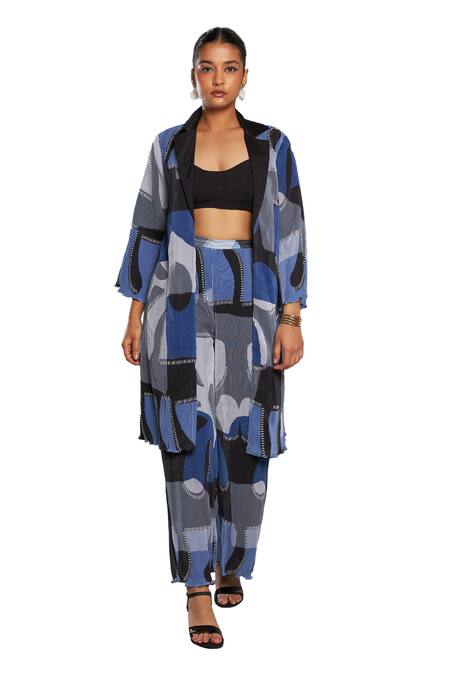 Shop Vedika M Blue Satin, Chiffon Collared Abstract Print Jacket Pant Set Online at Aza Fashions Shop_Vedika M_Blue Satin, Chiffon Collared Abstract Print Jacket Pant Set_Online_at_Aza_Fashions